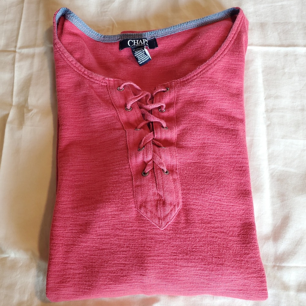 Chaps Denim Womens XL Raspberry Pink Lace Up Henley Slub Knit 3/4 Sleeve Top - Picture 2 of 7